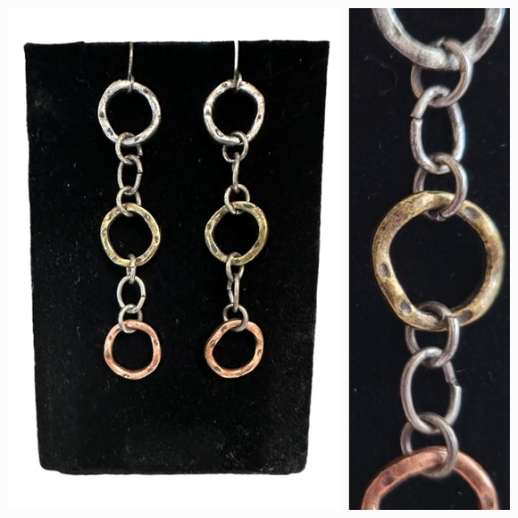 Tri-Color 3-Ring 2.5" Dangle Earrings | silvertone, goldtone & coppertone EUC - Picture 1 of 10